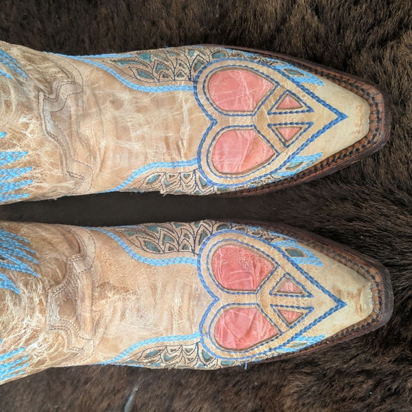 CORRAL A1976 wings & hearts distressed tan leather cowgirl boots snip toe sz 7 - Picture 11 of 16